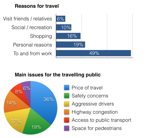 The charts below show reasons for travel and the main issues for the travelling public in the US in 2009